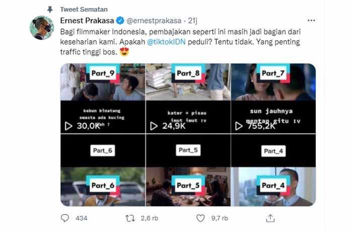 Beredar Film Bajakan di TikTok, Ernest Prakasa Pertanyakan Hak Kekayaan Intelektual