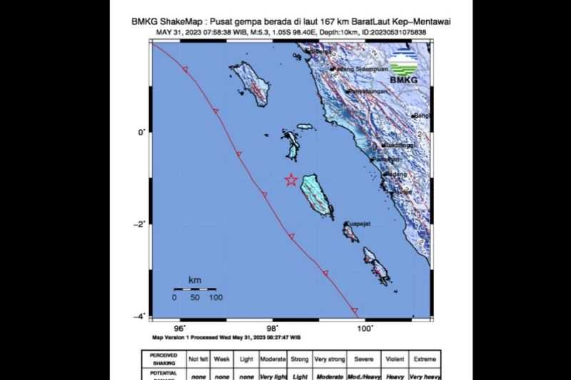 Gempa M 5,3 Guncang Wilayah Kepulauan Mentawai